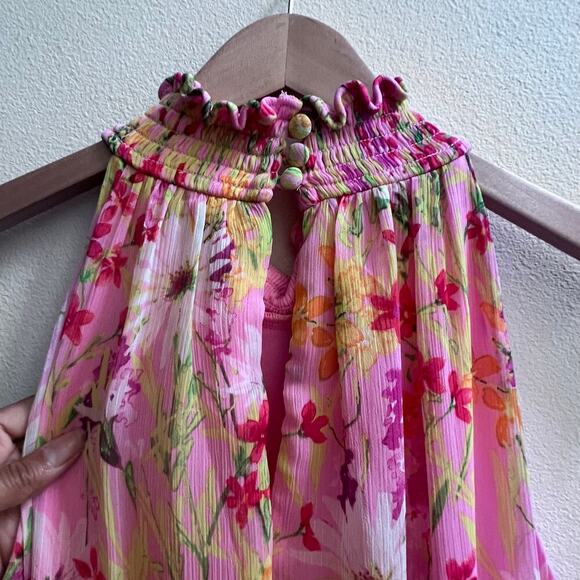 Taylor Chiffon Floral Print Pink Smocked Mock Neck Tiered Maxi Dress Size 10 - Picture 3 of 9